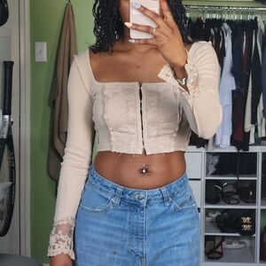 Elegant Cream Lace Trim Crop Top